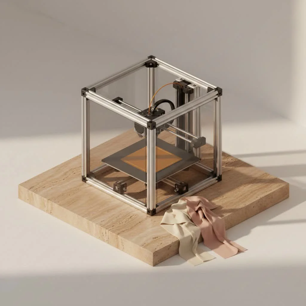 Enclosed 3D printer with clear panels showing a print in progress