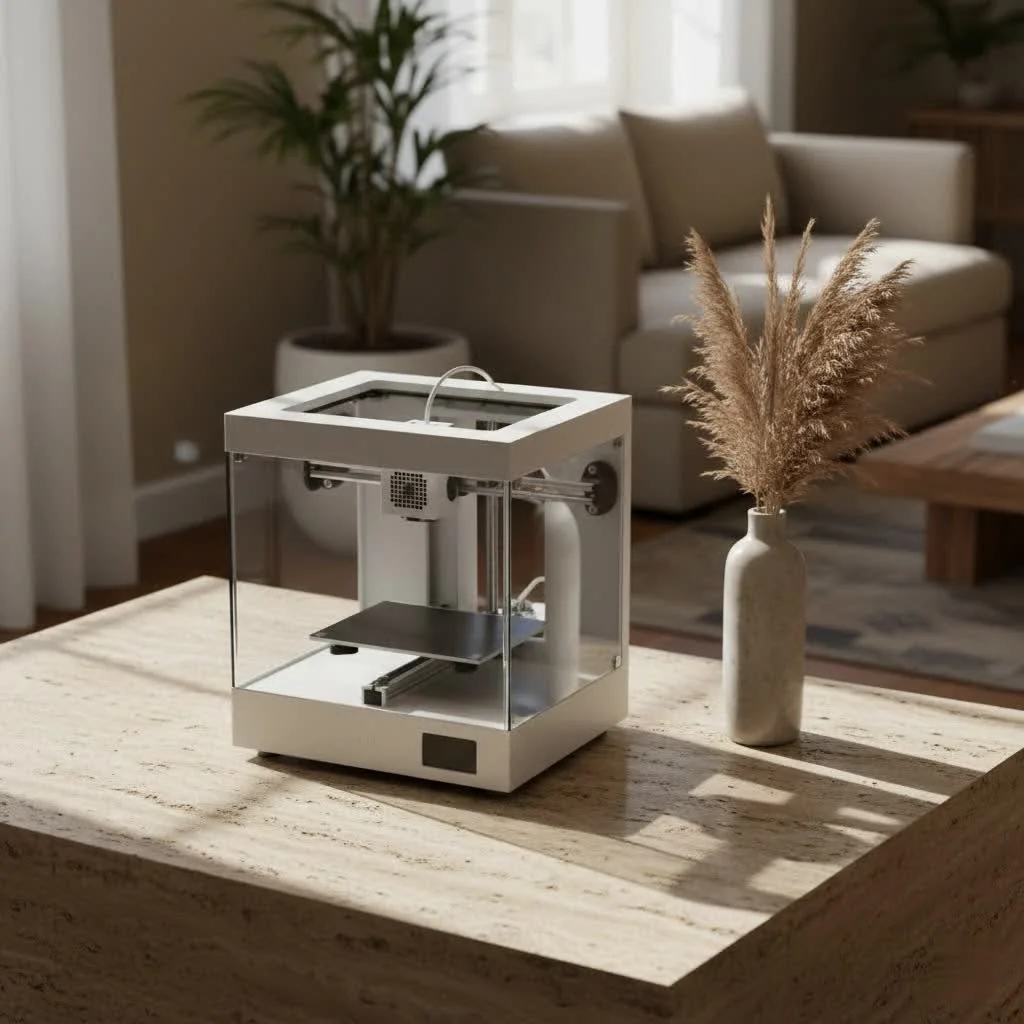 A small 3D printer on a desk, ready for use